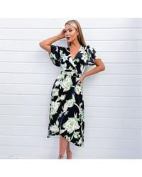 AX Paris - Floral Printed Short Sleeve Belted Wrap Midi Dress - Lyst