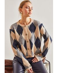 Bianco Lucci - Geometric Knitwear Button-Up Crop Cardigan - Lyst