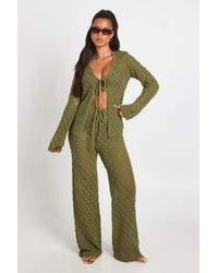 Boohoo - Crochet Knit Tie Front Cardigan And Wide Leg Trouser Co-Ord - Lyst