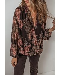 Everyday the Label - Floral Print Criss Cross V Neck Balloon Sleeve Blouse - Lyst