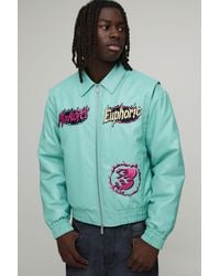 BoohooMAN - Boxy Fit Euphoric Graphic Pu Applique Varsity Jacket - Lyst