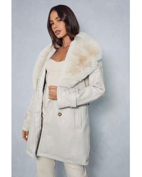 MissPap - Leather Look Fur Collar Detail Trench Coat - Lyst