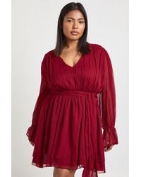 Boohoo - Plus Chiffon Volume Sleeve Tie Waist Mini Skater Dress - Lyst