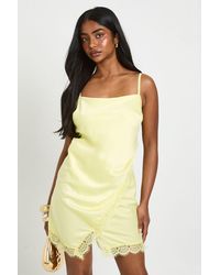 Boohoo - Textured Satin & Lace Wrap Front Mini Dress - Lyst