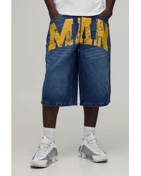BoohooMAN - Longline Rigid Print Denim Jorts - Lyst