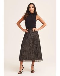 Gini London - Animal Print Mesh Overlay Pleated Midi Skirt - Lyst
