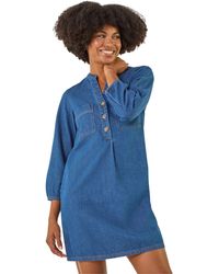 Roman - Cotton Denim Button Shift Dress - Lyst