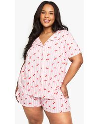 Boohoo - Plus Cherry Print Shirt And Short Set - Lyst