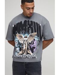 BoohooMAN - Charcoal Oversized Boxy Heavyweight Angel Printed T-Shirt - Lyst