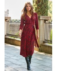 Sosandar - Red Animal Print Ruched Sleeve Midi Wrap Dress - Lyst