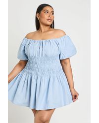 Boohoo - Plus Linen Look Puff Sleeve Shirred Bodice Mini Dress - Lyst
