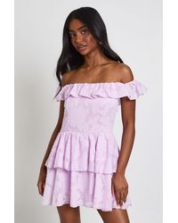 Boohoo - Textured Floral Bardot Mini Dress - Lyst