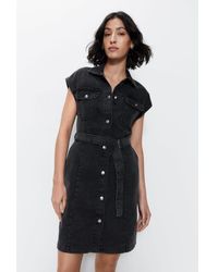 Warehouse - Belted Denim Short Sleeve Shirt Dress - Lyst