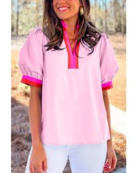 Azura Exchange - Bluse Mit Puffärmeln Und V-Ausschnitt - Lyst