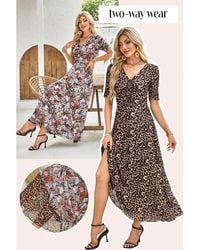 Azura Exchange - Braunes Mesh Leopard Blumen Wendekleid Mit V-Ausschnitt Und Kurzen Ärmeln - Lyst