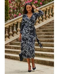 Sosandar - Floral Print Ruched Sleeve Midi Wrap Dress - Lyst