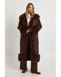 Boohoo - Faux Fur Trim Suede Maxi Coat - Lyst