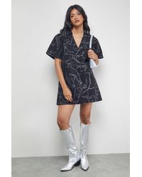 Warehouse - Tony Printed Boxy Denim Mini Dress With Pockets - Lyst