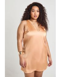 Boohoo - Plus Satin Plunge Front Lace Trim Shift Dress - Lyst