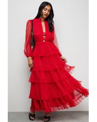 Warehouse - Ruffle Neck Tulle Maxi Dress - Lyst