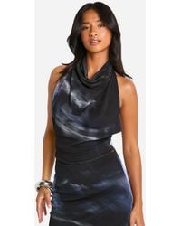 Boohoo - Petite Abstract Print Mesh Cowl Top - Lyst
