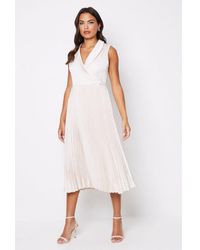 Coast - Satin Collared Midi Dress With Pleated Skirt - Lyst