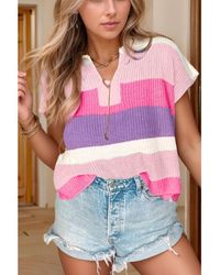 Everyday the Label - Kleurblok Ingekeepte Gebreide Top Met Korte Mouwen - Lyst