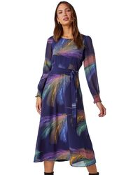 Roman - Feather Print Belted Midi Dress - Lyst