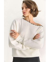 Bianco Lucci - Asymmetrical Collar Accessory Detailed Knit Sweater - Lyst