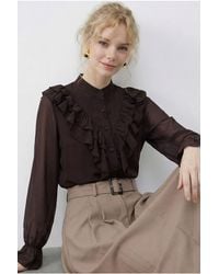 Bianco Lucci - Frilly Mandarin Collar Long Sleeve Chiffon Shirt - Lyst