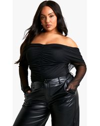 Boohoo - Plus Ruched Front Bardot Long Sleeve Top - Lyst
