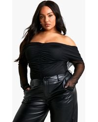 Boohoo - Plus Ruched Front Bardot Long Sleeve Top - Lyst
