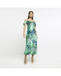 River Island - Midi Dress Animal Print Cowl Neck Viscose - Lyst