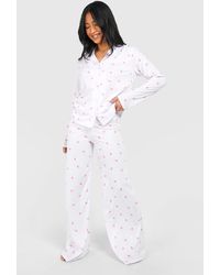 Boohoo - Petite Bow Print Long Sleeve Shirt & Trousers Pyjama Set - Lyst