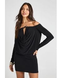 Boohoo - Slinky Bardot Drape Front Bodycon Dress - Lyst