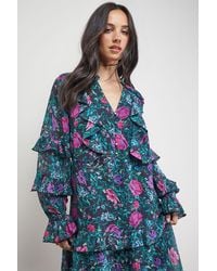 Oasis - Printed Boho Ruffle Button Down Mini Dress - Lyst