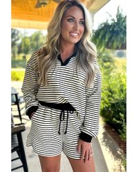 Azura Exchange - Stripe Collared Long Sleeve Top And Drawstring Shorts Set - Lyst