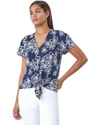 Roman - Textured Floral Print Tie Front Top - Lyst