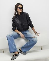 River Island - Bomber Jacket Faux Leather Cropped Cotton - Lyst