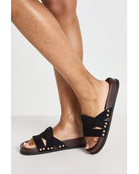 Boohoo - Faux Suede Studded Detail Footbed Sliders - Lyst
