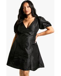 Boohoo - Plus Woven Pleated Detailpuff Sleeve Skater Dress - Lyst