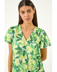 Roman - Leaf Print Tie Front Top - Lyst