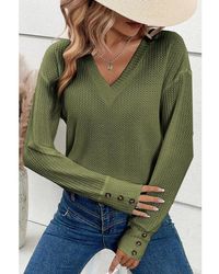 Azura Exchange - Jungle Textured Knit V Neck Button Cuffs Long Sleeve Top - Lyst
