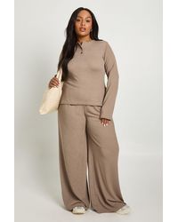Boohoo - Plus Ribbed Henley Button Down Long Sleeve Top And Straight Leg Trouser Co-Ord - Lyst