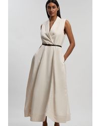 Karen Millen - Premium Viscose Linen Tailored Belted Full Skirted Midi Dress - Lyst