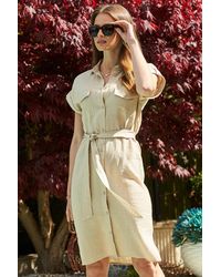 Sosandar - Natural Linen Short Sleeve Belted Shirt Dress - Lyst