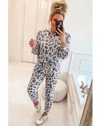 Azura Exchange - Khaki Luipaardprint Hoodie Met Trekkoord En Skinny Broek Lounge Set - Lyst