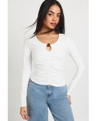 Boohoo - Cotton Touch Ruched Keyhole Long Sleeve Top With Bead Trim - Lyst