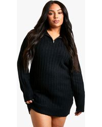 Boohoo - Plus Soft Knit Thick Rib Zip Neck Oversized Mini Dress - Lyst