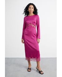 Warehouse - Fluted Sleeve Satin Lace Insert Midi Dress - Lyst